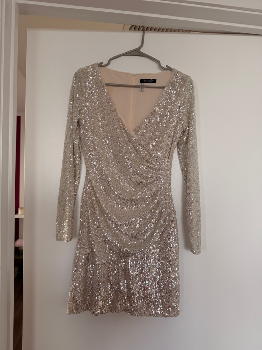 Sequin Long-Sleeve Wrap Dress in Champagne